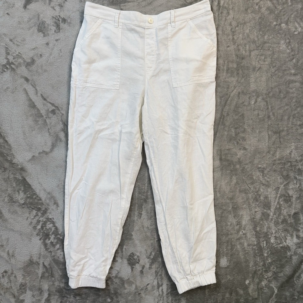 Beau Dawson White Linen Blend Jogger Pants Women's‎ L Elastic Waist Lightweight